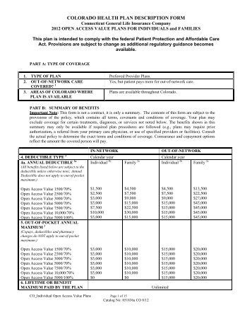 COLORADO HEALTH PLAN DESCRIPTION FORM - Cigna