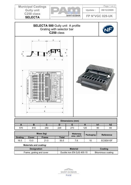 Selecta C250 datasheets - Saint-Gobain PAM UK