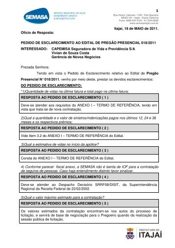 110. Resposta Pedido Esclarecimento - CAPEMISA - SEMASA