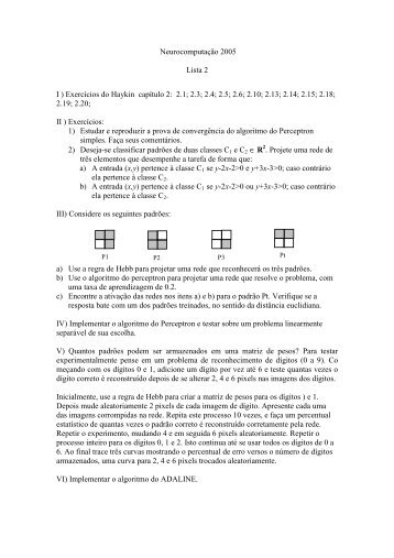Neurocomputação 2005 Lista 2 I ) Exercícios do Haykin capítulo 2 ...