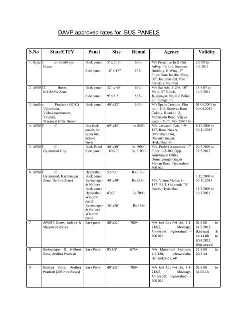 DAVP approved rates for BUS PANELS