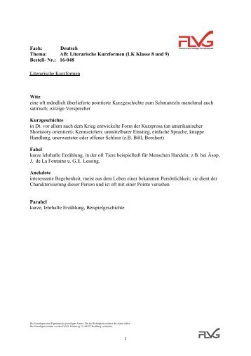 Fach: Deutsch Thema: AB: Literarische Kurzformen (LK Klasse 8 ...