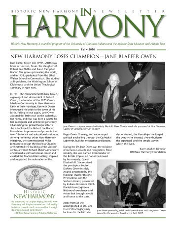 NEW HARMONY LOSES CHAMPIONâ€”JANE BLAFFER OWEN
