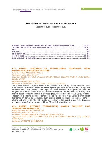 titre 1 : Biolubricants : technical and market survey - Valbiom
