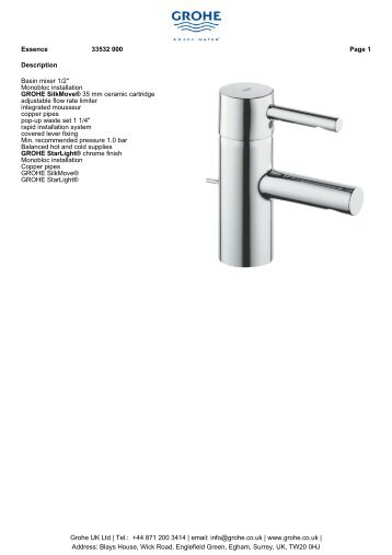 Description Basin mixer 1/2" Monobloc installation GROHE ...