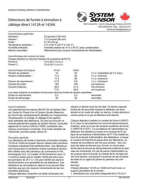 Détecteurs de fumée à ionisation à câblage direct 1412A et 1424A