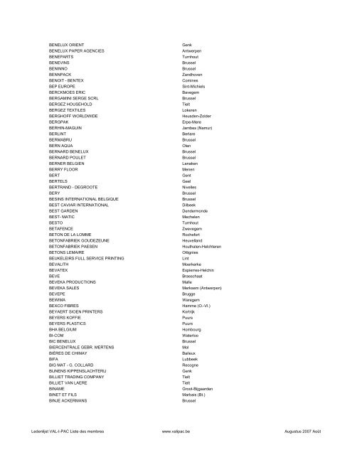 Ledenlijst - Liste des membres - Val-I-Pac