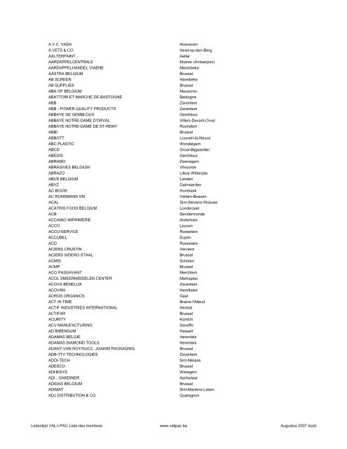 Ledenlijst - Liste des membres - Val-I-Pac