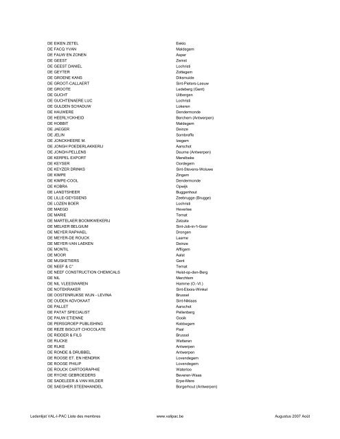 Ledenlijst - Liste des membres - Val-I-Pac