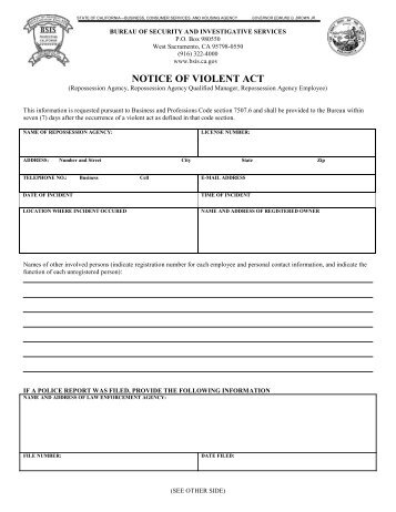 Notice of Violent Act - Bureau of Security and Investigative Services