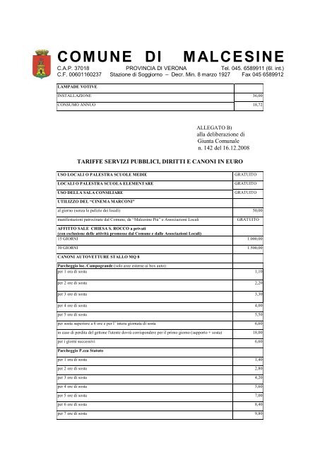 TARIFFE 2009 - Comune di Malcesine