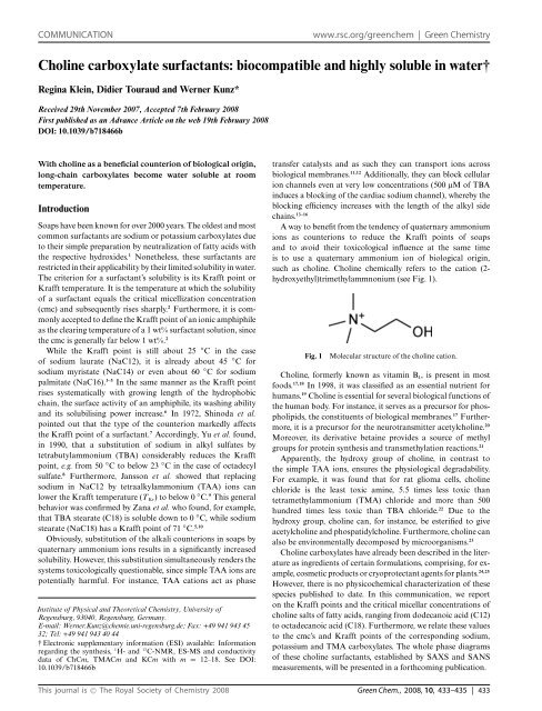 Choline carboxylate surfactants: biocompatible and highly soluble in ...