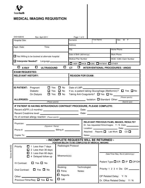 MEDICAL IMAGING REQUISITION - Fraser Health Authority