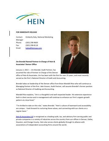 Jim Brendel Named Partner-in-Charge of Hein ... - PrimeGlobal