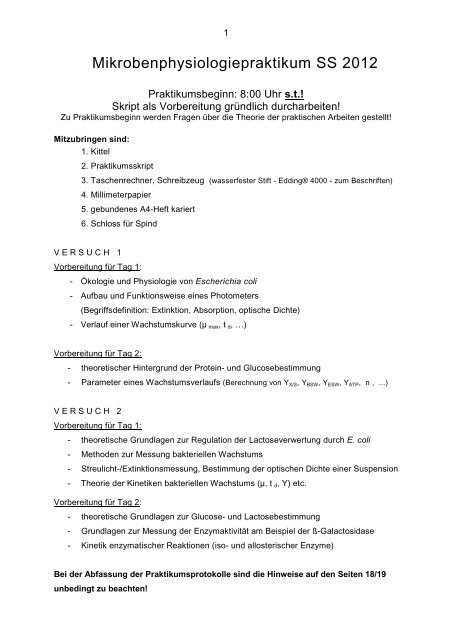 Skript Mikrobenphysiologie-Praktikum 2012
