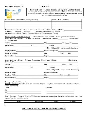 Family Emergency Contact Form - Brownell-Talbot School