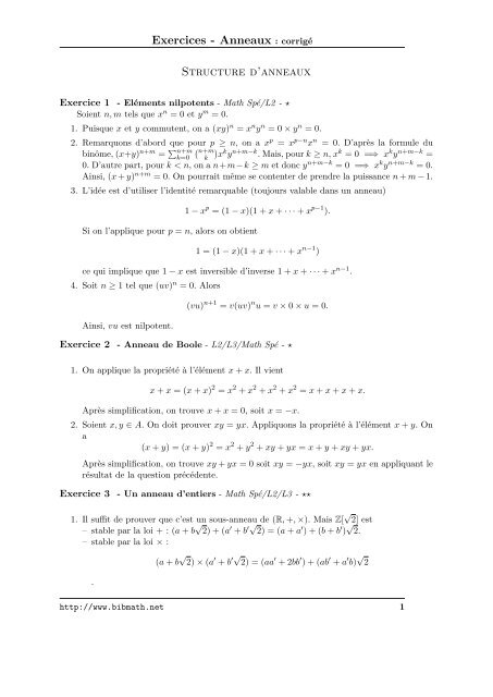 Exercices - Anneaux : corrigÃ© Structure d'anneaux - Bibmath