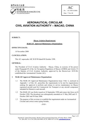 Macao Aviation Requirements MAR-145 Approved Maintenance ...