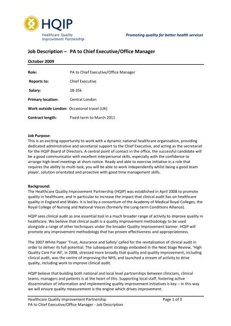 Job Description Pa To Chief Executive Office Manager Hqip