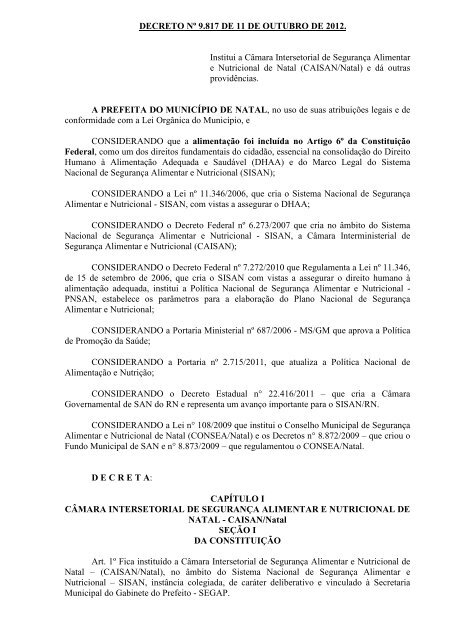 decreto nÂº 9.817 de 11 de outubro de 2012 - Prefeitura Municipal do ...