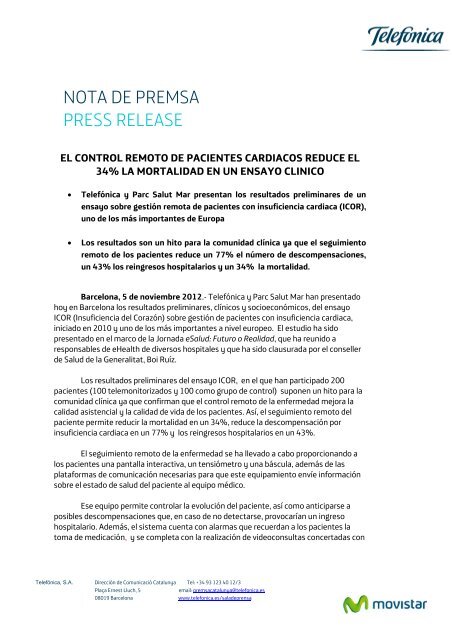 NOTA DE PREMSA PRESS RELEASE - Sala de prensa - Telefónica