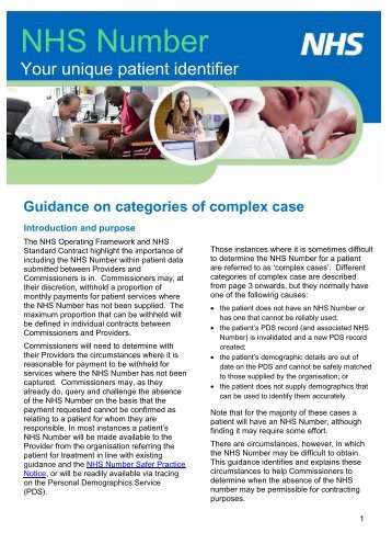 Guidance on categories of complex case - NHS Connecting for Health