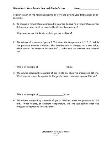 Worksheet Ã¢Â€Â“ Boyles Law, Charless Law 