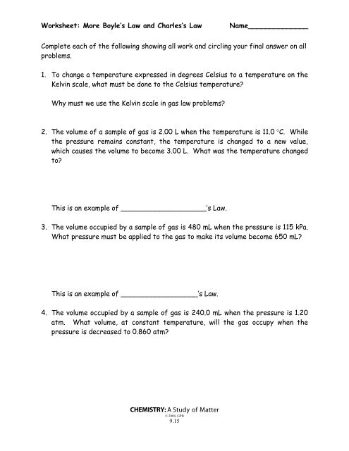 More Boyle's Law and Charles' Law Worksheet