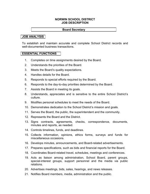 NORWIN SCHOOL DISTRICT JOB DESCRIPTION Board Secretary ...