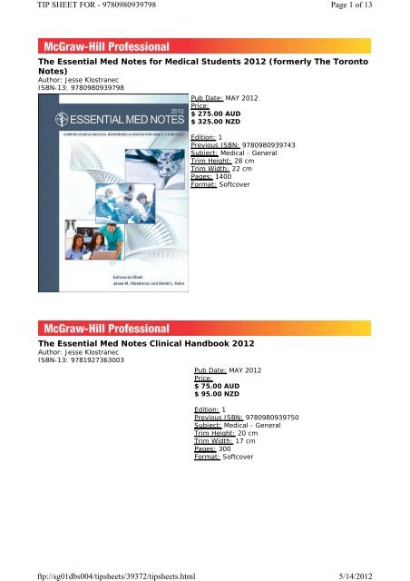 The Essential Med Notes for Medical Students 2012