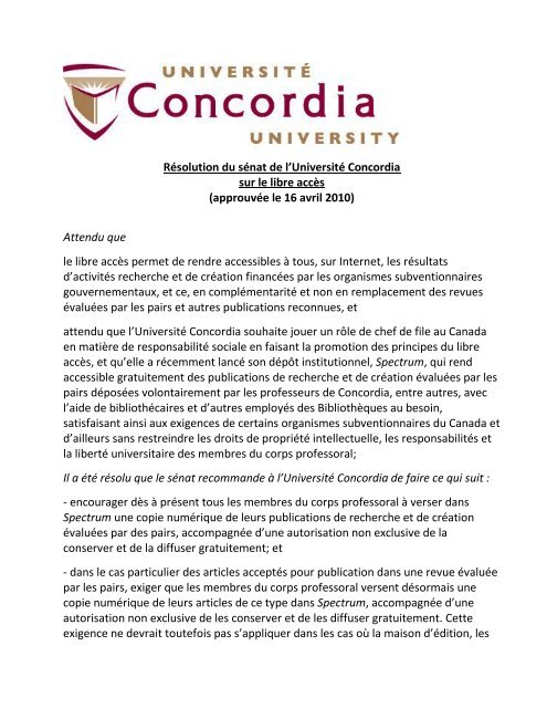 Résolution du sénat de l'Université Concordia sur le libre accès ...