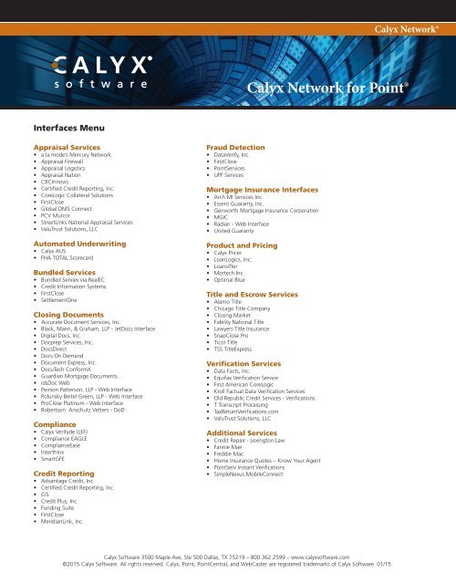 Calyx Network for PointÂ® - Calyx Software