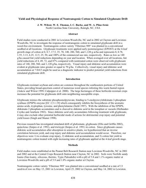 438 Yield and Physiological Response of Nontransgenic Cotton to ...