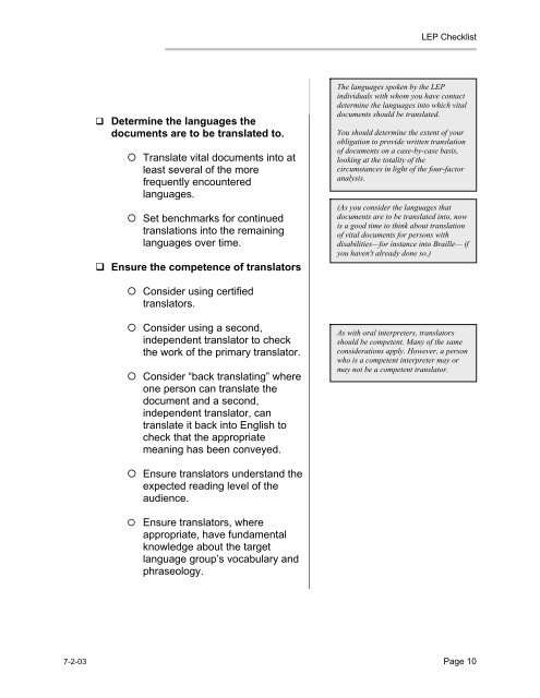 Checklist for Developing a Limited English Proficiency (LEP) Plan