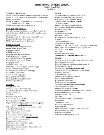 LITTLE FLOWER CATHOLIC SCHOOL Student Supply List 2013-2014