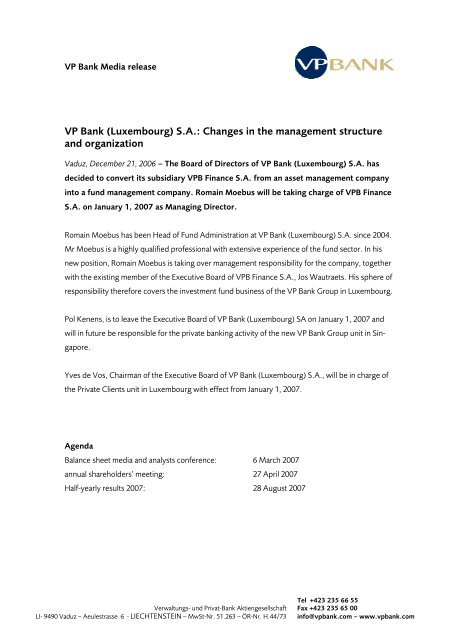VP Bank (Luxembourg) S.A.: Changes in the management structure ...