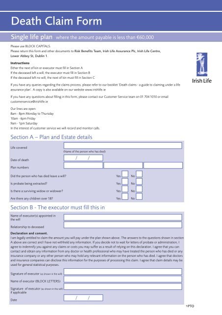 Death Claim Form - Irish Life