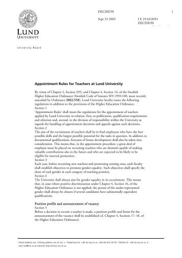 Appointment Rules for Teachers at Lund University
