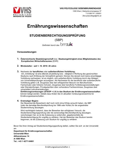 ErnÃ¤hrungswissenschaften STUDIENBERECHTIGUNGSPRÃœFUNG