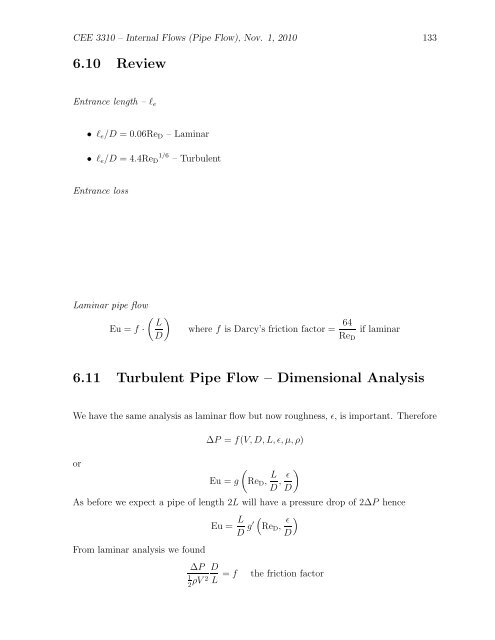 6.10 Review 6.11 Turbulent Pipe Flow â Dimensional Analysis