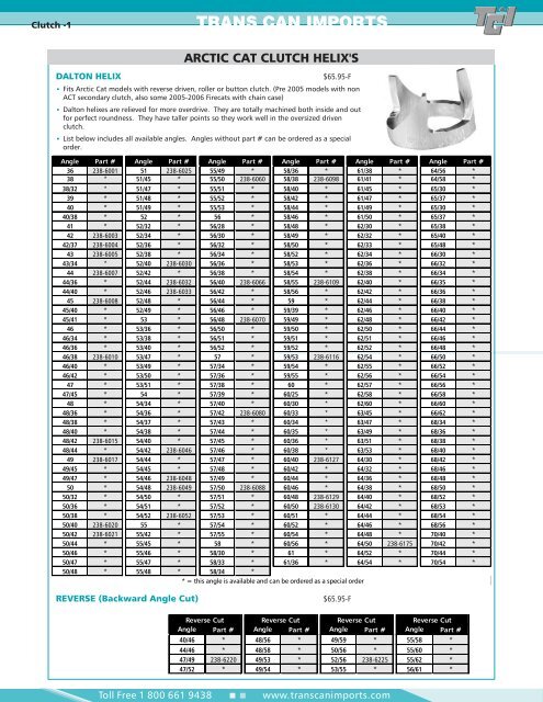 Arctic Cat Helix Chart