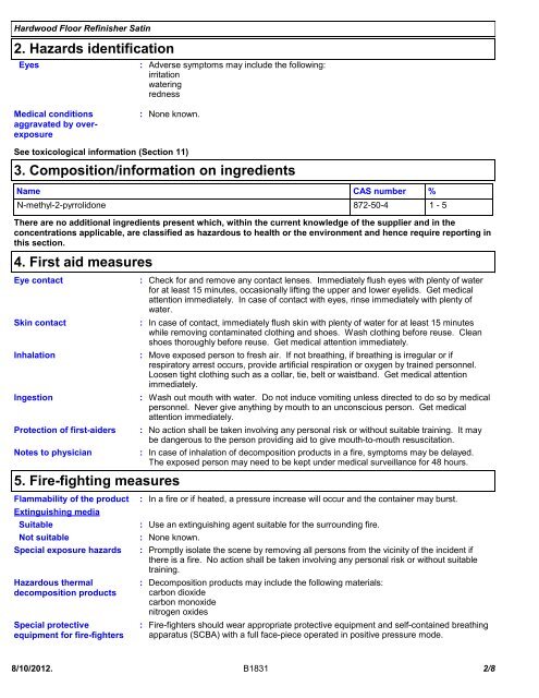 B1831 Hardwood Floor Refinisher Satin MSDS ... - Basic Coatings