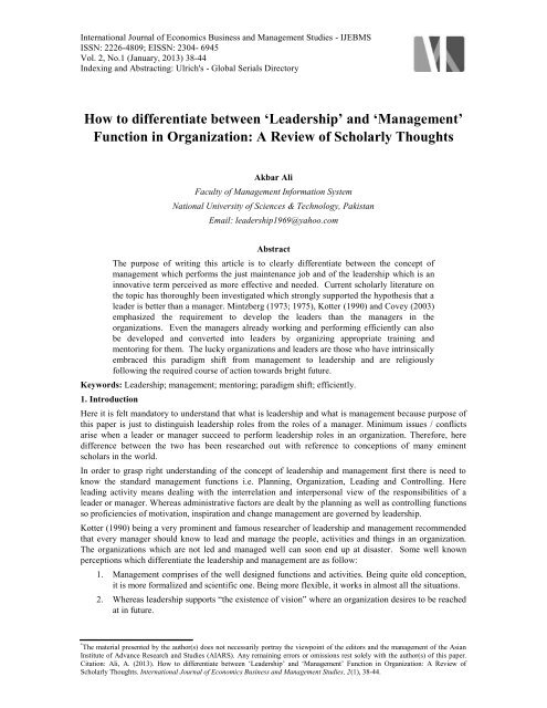 'Leadership' and 'Management' Function in Organization - Aiars.org