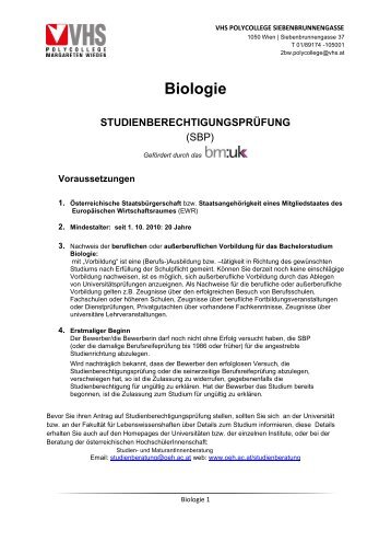 Biologie STUDIENBERECHTIGUNGSPRÃœFUNG