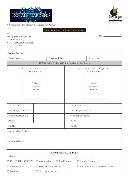 Booking Application Form - Prestige Group