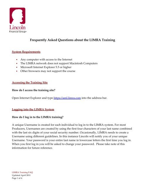 Frequently Asked Questions about the LIMRA Training - Lincoln ...