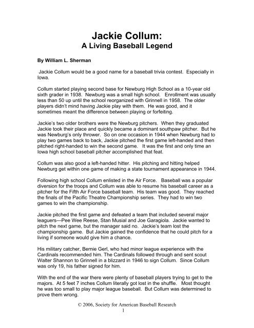 Jackie Collum: A Living Baseball Legend - Chapters
