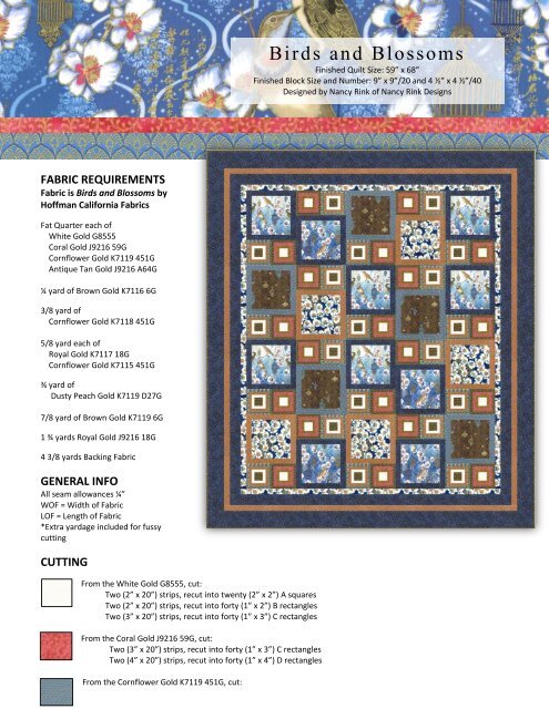 Birds and Blossoms quilt pattern - Hoffman California Fabrics