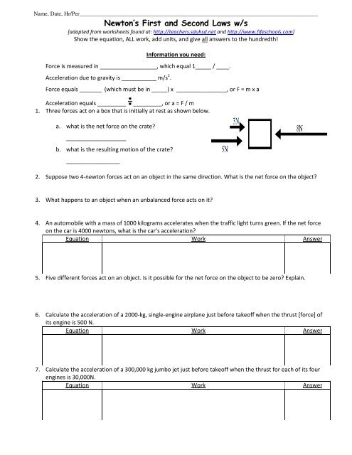 Newton's First and Second Laws w/s - Fulton County Schools