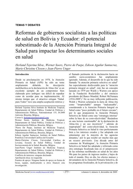 Reformas de gobiernos socialistas a las polÃ­ticas - Medicina Social